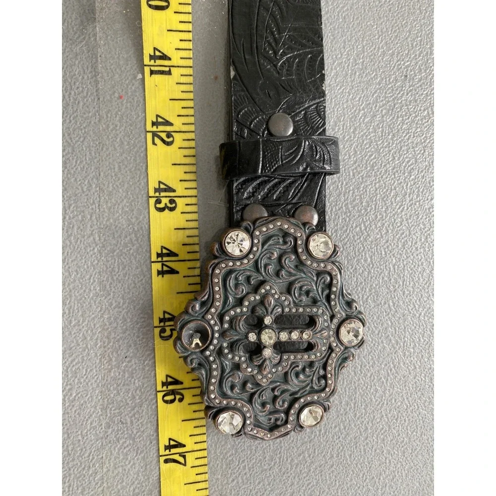Y2K Men Leather Belt Size M/L Tooled Concho Cross Rhinestones Grunge Alternative